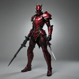 A full-body view of a piece of crimson armor, with a noir style aesthetic, on a plain white background, with dramatic lighting and dynamic shadows, in a wide-angle shot, with intricate details and textures, and a sense of depth and dimensionality