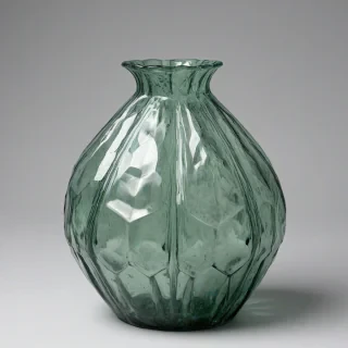 a multi faceted vase with a muted greenish grey color, on a plain white background, even lighting