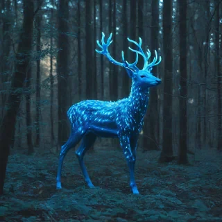 a glowing blue deer in a magical forest