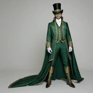 A full-body view of a Victorian-style superhero costume, primarily green in color, with intricate gold accents, a flowing cape, and a top hat, set against a plain white background, in a wide shot, with the costume's details and textures clearly visible, in the style of a digital illustration, on a plain white background, even lighting 