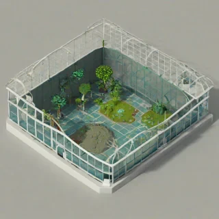 interior of a biodome, on a square grid for an isometric game asset, on a plain white background, even lighting