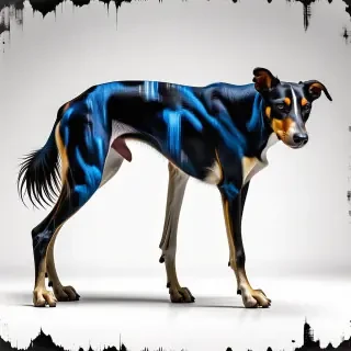 A full-body view of a quadruped, with a sapphire blue coat, in a grunge art style, on a plain white background, with dynamic shadows and a wide-angle shot, incorporating elements of surrealism, with the quadruped's feet visible