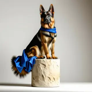A German Shepherd wearing a flowing blue sitting on a tall stone pedestal