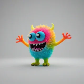 bubbly, happy, neon colored monster, on a plain white background, even lighting