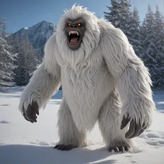 A large, furry, bipedal yeti with sharp teeth and glowing eyes, full-body view, standing in the snow, with a wide-angle shot, and dynamic shadows, in the style of a digital illustration