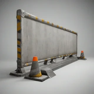 A highly detailed, hyper-realistic concrete road barricade, with precise texture and intricate details, set against a plain white background, illuminated by soft, even lighting, with no shadows or reflections, full-body view, wide shot, with the barricade's entire length visible, in a digital art style, with a focus on realism and accuracy, on a plain white background, even lighting 