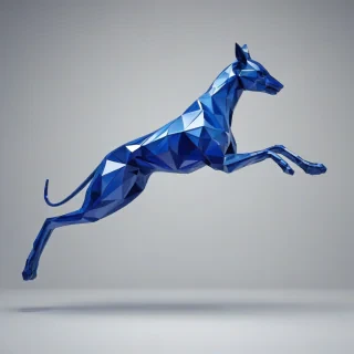 A full-body view of a Sapphire colored, modernist-styled, abstract animal, with bold geometric shapes and clean lines, set against a plain white background, wide shot with feet visible, in a dynamic pose, with vibrant blue Sapphire tones and subtle texture, in the style of a futuristic digital illustration, on a plain white background, even lighting 