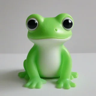 A small, green, silicone, and rounded 3D frog toy with large, shiny, child-friendly eyes, a small body, and a rounded body shape, sitting on a plain white background with soft, even, and gentle lighting., on a plain white background, even lighting