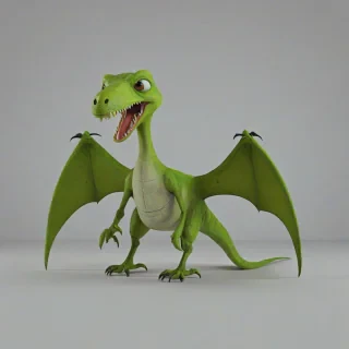 cartoon animation style, ugly, mean, swamp colored pterodactyl, short body, rounded features, angry  expression on its face, bright lighting, on a plain white background, even lighting