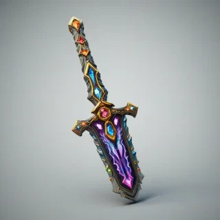 A stylized, chunky galaxy sword with embedded jewels, designed as a fun video game asset, featuring a wide shot with the chest's intricate details and colorful jewels on a plain white background, with a dynamic lighting effect to accentuate its textures and vibrant colors, on a plain white background, even lighting