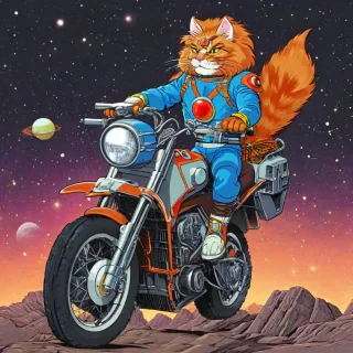 1980s animated TV show ThunderCats style maine coon guy riding a space motorcycle with 1980s sci-fi elements