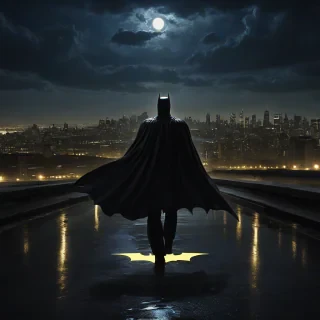 A film noir style painting of the Batman logo shining up into the night sky, with a dark and moody cityscape in the background, the logo is a bright yellow and is reflected in the wet pavement, the sky is a deep blue with clouds that are illuminated by the logo's light, the overall mood is one of mystery and intrigue, wide shot, full-body view of the city, plain white background is not visible due to the cityscape, digital art style with bold brushstrokes and vibrant colors