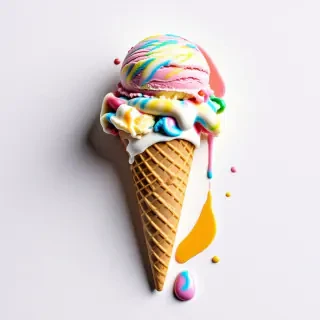 A colorful, swirly, spilled ice cream cone with a broken waffle cone and melted ice cream on a plain white background, full-body view, wide shot, with visible floor and surrounding area, in a photorealistic style with dynamic shadows and soft lighting