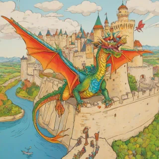 Pop art painting of a colorful dragon with vibrant scales and wings, flying over a medieval kingdom with a castle, towers, and a moat, in a wide shot with a plain white background, dynamic shadows, and a fish-eye lens perspective, with the dragon's feet and tail visible