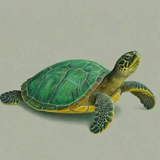 cartoon, hand-drawn, green turtle, on a plain white background, even lighting