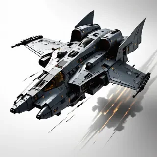 Design a futuristic air unit for a real-time strategy game, focusing on a human faction with a sleek, metallic aesthetic, featuring a wide shot of the unit in flight, with visible engines, cockpit, and wings, set against a plain white background, with a digital art style, incorporating elements of science fiction and advanced technology, with a sense of speed and agility, and a color scheme of silver, blue, and neon green accents