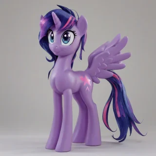 A detailed, full-body view of My Little Pony Twilight Sparkle, with a purple and pink mane, sparkling blue eyes, and a cutie mark of a six-pointed star, standing on a plain white background, in a wide shot with her feet visible, with a magical glow surrounding her, in an anime-style illustration with vibrant colors and dynamic shadows, on a plain white background, even lighting 