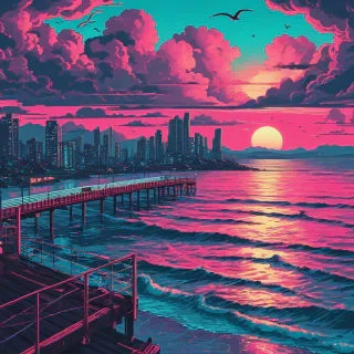 Synthwave Ukiyo-e sunset over calm turquoise ocean, neon pink and white clouds, cool water city in distance, few birds flying, beachfront pier with neon lights