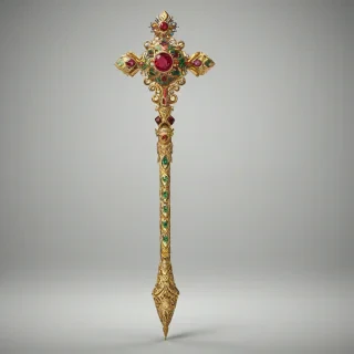 A bejeweled scepter, full-body view, on a plain white background, with intricate gold details, adorned with precious gems such as diamonds, rubies, and emeralds, in a wide shot, with a regal and luxurious atmosphere, digital art style, high level of detail, with dynamic lighting and shadows, on a plain white background, even lighting 