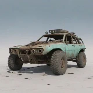 A fully detailed, full-body view, aquamarine colored, post-apocalyptic vehicle, with a wide shot, on a plain white background, in a digital art style, with dynamic shadows and a hard rim light, with the vehicle's wheels and body covered in dust and debris, and the surrounding environment showing signs of destruction and decay, on a plain white background, even lighting