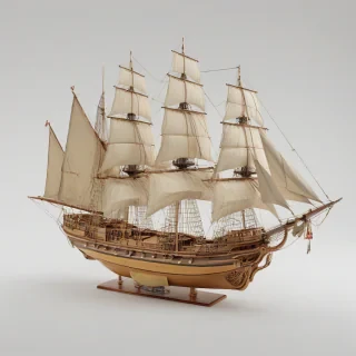 A majestic Renaissance-style ship with a khaki-colored hull, set against a plain white background, in a wide shot with the entire ship visible, including the bow and stern, with intricate details on the sails and rigging, and a sense of dynamic movement as if it's sailing through calm waters, with soft, warm lighting and gentle shadows, on a plain white background, even lighting