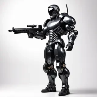 A man in sleek, metallic power armor with a primer gray finish, holding a powerful shotgun firmly in his right hand and a sturdy shield attached to his left forearm, standing in a wide shot with his feet visible, on a plain white background, with a dramatic backlight and dynamic shadows, in a digital art style with a focus on intricate details and textures