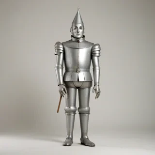A full-body view of the Tin Man from The Wizard of Oz, with a silver metallic body, a funnel hat, and a sad expression, standing on a plain white background, with a wide-angle shot and soft, warm lighting, in the style of a classic illustration, on a plain white background, even lighting 