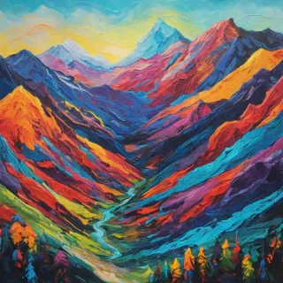 Abstract mountain painting, bright, vivid colors