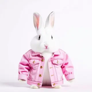 A small rabbit with white fur wearing a pink denim jacket