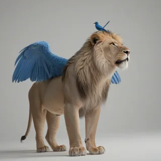 Lion with blue bird wings, on a plain white background, even lighting 