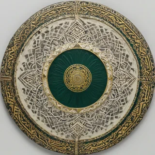 A full-body view of an intricately designed shield, adorned with tribal engravings, featuring dark green and gold colors, with a mix of abstract and geometric patterns, set against a plain white background, high contrast and detailed textures, with the shield being the only thing in the image, no humans, on a plain white background, even lighting.