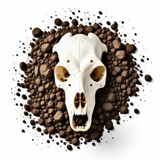 A dog skull laying in a pile of dirt