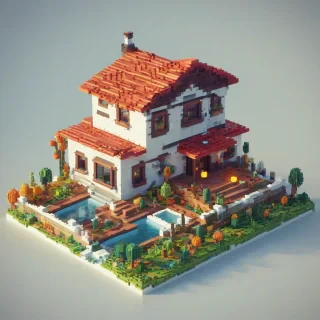 A voxel style house, full-body view, with a wide shot, featuring a small entrance, a cozy interior, and a landscape of blocky, pixelated mountains in the background, on a plain white background, with warm lighting and vibrant colors, in a voxel art style, on a plain white background, even lighting