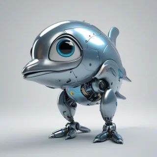 3d cartoon animation, metal colored, cute robotic dolphin, big eyes, short body, rounded features, tiny nose, showing the mechanics of the dolphin's insides, on a plain white background, even lighting