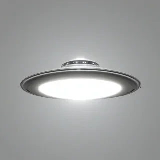 A round UFO with bright, pulsing lights around the outer edge, full-body view, wide shot, on a plain white background, with a metallic sheen and a slight glow effect, digital art style, on a plain white background, even lighting 