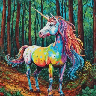 Pop art painting of a rainbow unicorn in a forest