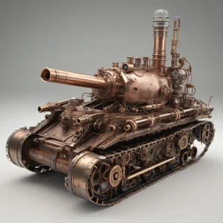 A full-body view of a detailed, atom-punk style tank with brass accents, copper pipes, and a steam-powered engine, set against a plain white background, with a wide-angle shot and dynamic lighting, in the style of a digital illustration with intricate details and textures, on a plain white background, even lighting 