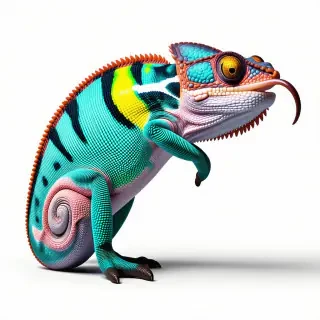 A colorful chameleon in a full-body view, with its long tongue retracted into its mouth, on a plain white background, in a wide shot, with the chameleon's feet visible, in a realistic illustration style with dynamic shadows and a soft, natural light.