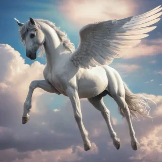 A full-body view of a majestic pegasus with a shiny white and black coat and iridescent wings, set against the sky, in a digital art style with vibrant colors and dynamic lighting, with the pegasus flying proudly with its wings spread wide