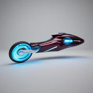 A sleek, maroon, futuristic hoverbike, with glowing blue accents, in a wide shot, on a plain white background, with a shallow depth of field, and a subtle lens flare, in a digital art style, with clean lines and minimal textures