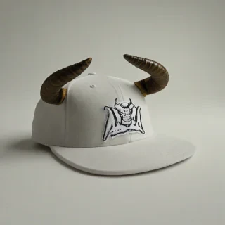 baseball hat with bull horns on it, on a plain white background, even lighting