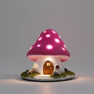 glowing pink light from inside a gnome pink mushroom house, on a plain white background, even lighting