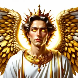 A sun god wearing white and golden clothes. His eyes glow yellow and he has a crown resembling the sun. He also has large golden wings
