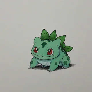 Hand-drawn cartoon, Bulbasaur, on a plain white background, even lighting