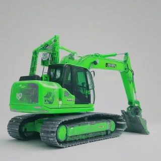 A full-body view of a green excavator, with a vibrant and neon green color scheme, set against a plain white background, in a wide shot, with a soft focus effect and a hint of vaporwave aesthetic, including glitch art elements and Japanese characters in the background, with a dreamy and futuristic atmosphere, on a plain white background, even lighting