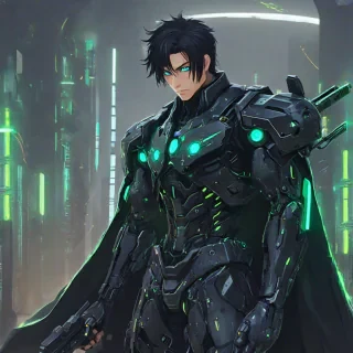 Digital anime man wearing a futuristic black mech suit, the suit has small green lights on it, the suit also has large guns mounted on the shoulders, the man has black hair and bright blue eyes and a sly smirk, he is wearing a tattered and flowing black cape with skull designs on the inner side
