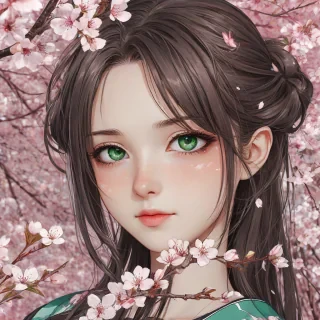 Anime girl's face, heterochromia, dark brown and green eyes, cherry blossom patterns