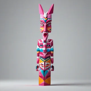 A low poly, pink totem pole, full-body view, on a plain white background, with a wide shot, vibrant colors, and dynamic shadows, in the style of digital illustration, with a focus on geometric shapes and bold lines, on a plain white background, even lighting