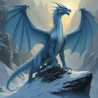 Michael Whelan and Marc Simonetti art style of a blue and white ice dragon, snowy blizzard scene, the scales on the dragon's neck are glowing a faint blue, torn wings, dark lighting except for the glowing scales, icicles for horns
