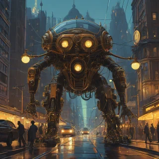 Retro futurism art of a large steampunk creature with exposed copper wiring and brass fixtures attached to its body, with wires swinging downwards as small steampunk vehicles drive underneath its legs, inspired by Syd Mead, in a city with visible metal shine and ornate gears, with gas lamps and old-fashioned streetlights illuminating the scene, in the style of Syd Mead, Syd Mead-inspired, or Syd Mead style